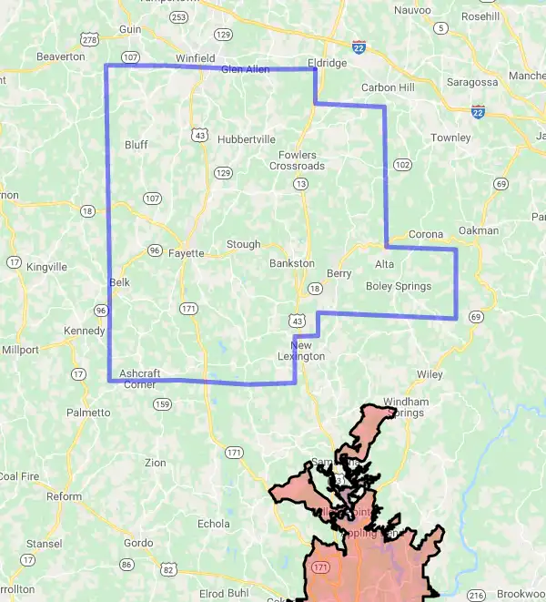 County level USDA loan eligibility boundaries for Fayette, AL