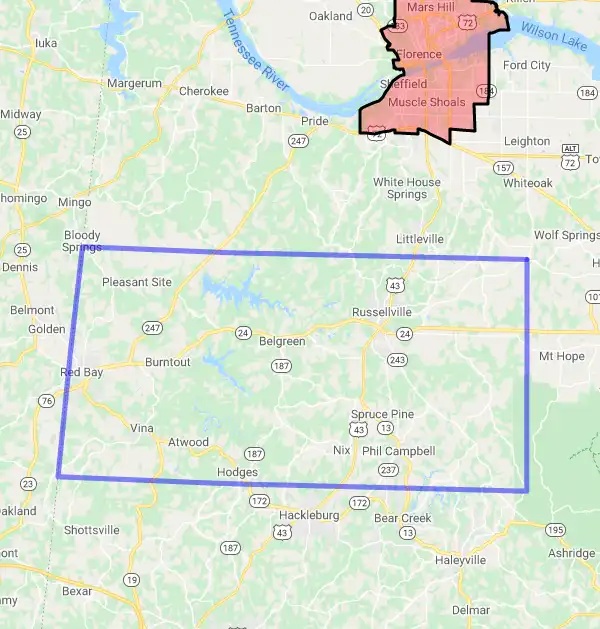 County level USDA loan eligibility boundaries for Franklin, Alabama