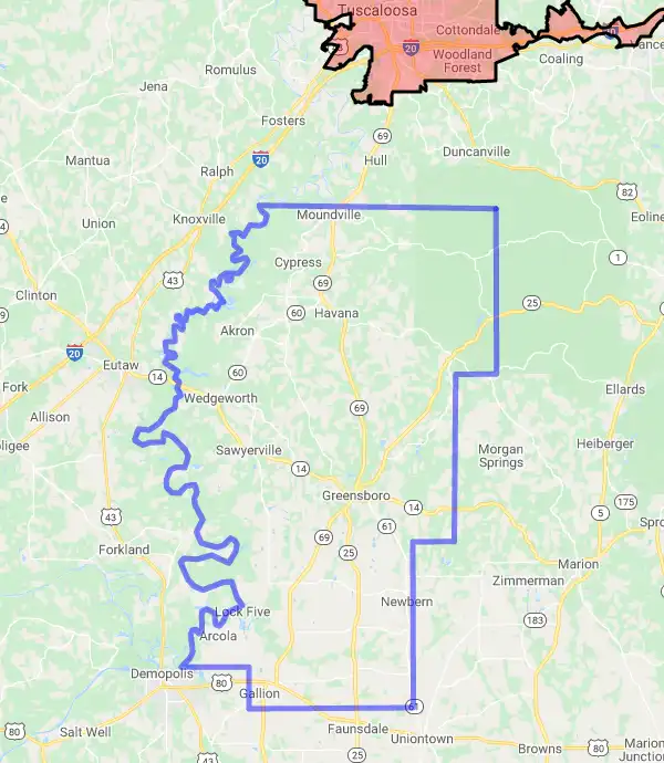 County level USDA loan eligibility boundaries for Hale, Alabama