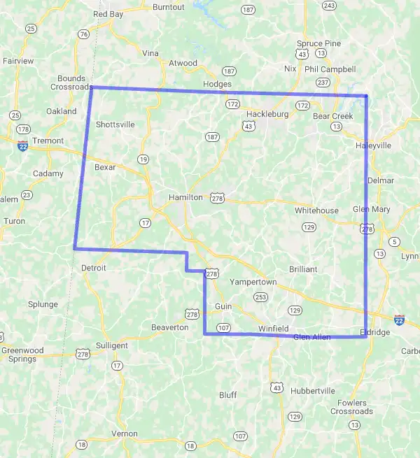 County level USDA loan eligibility boundaries for Marion, Alabama