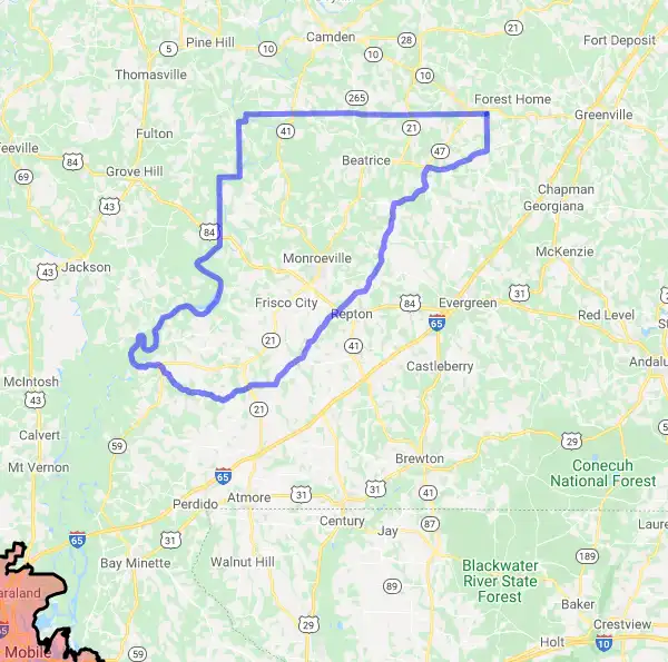County level USDA loan eligibility boundaries for Monroe, Alabama