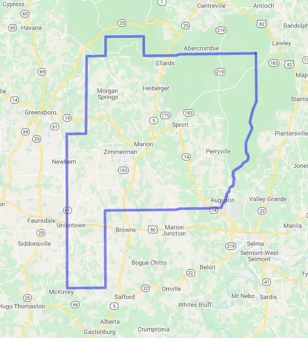 County level USDA loan eligibility boundaries for Perry, Alabama