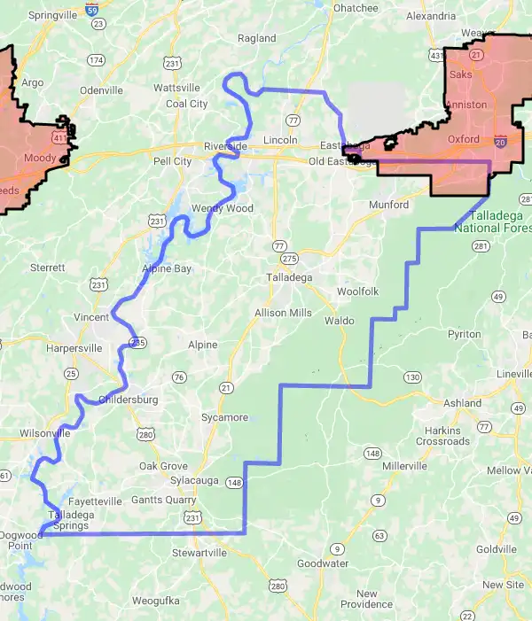 County level USDA loan eligibility boundaries for Talladega, Alabama