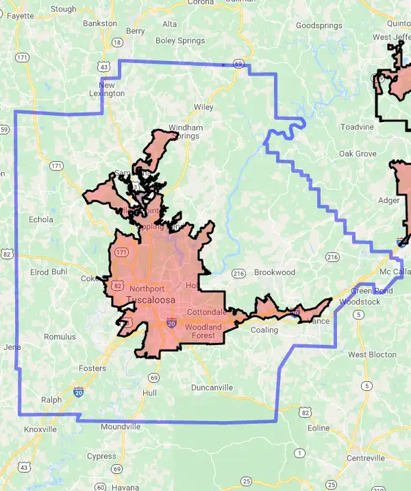 County level USDA loan eligibility boundaries for Tuscaloosa, Alabama