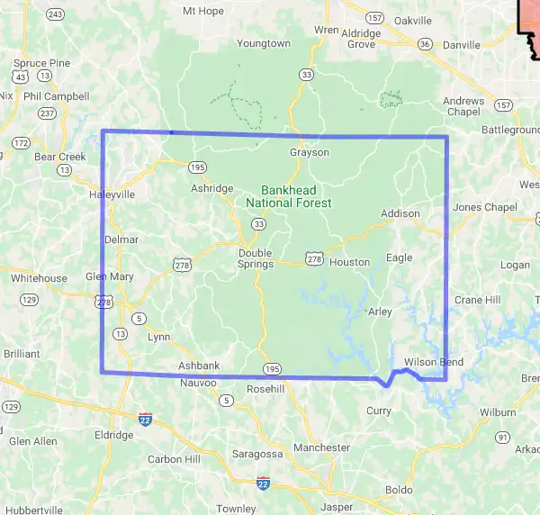 County level USDA loan eligibility boundaries for Winston, Alabama
