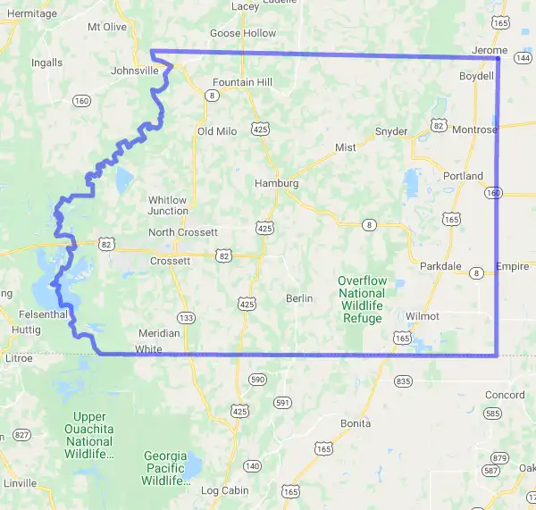 County level USDA loan eligibility boundaries for Ashley, Arkansas