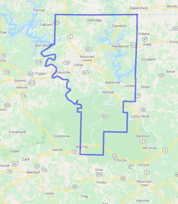 County level USDA loan eligibility boundaries for Baxter, Arkansas