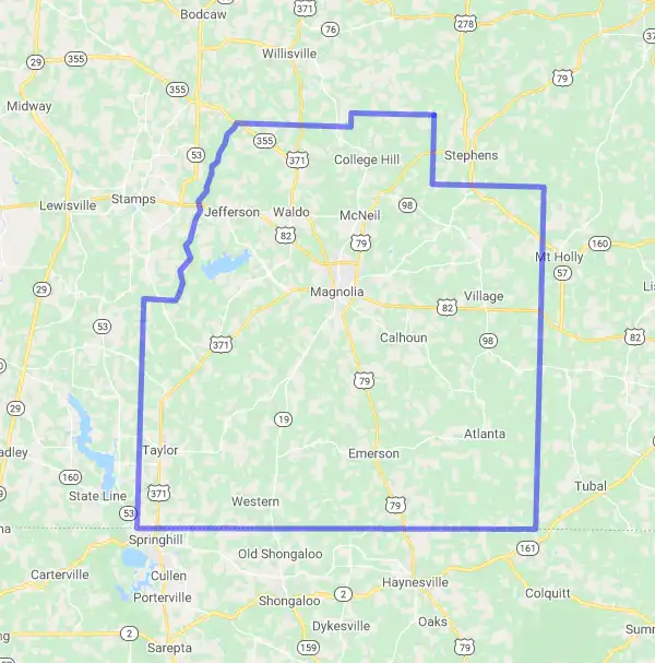 County level USDA loan eligibility boundaries for Columbia, Arkansas