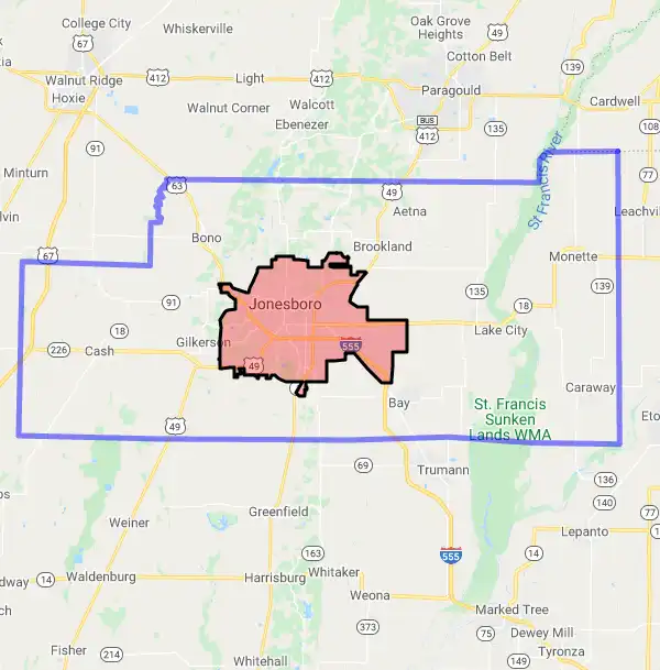 County level USDA loan eligibility boundaries for Craighead, Arkansas