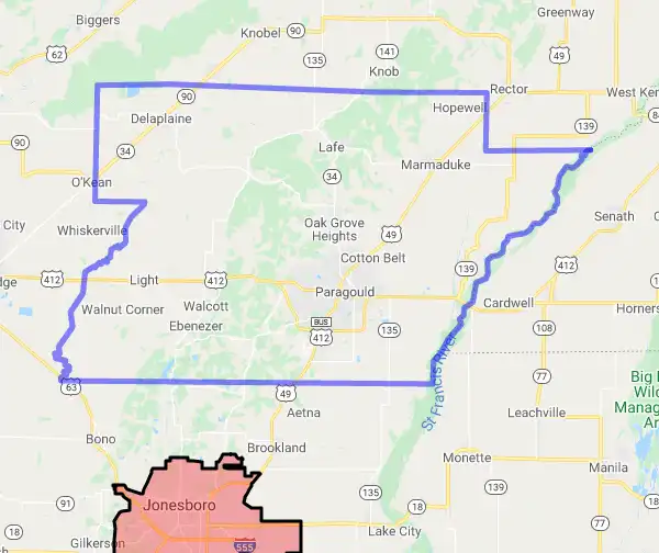 County level USDA loan eligibility boundaries for Greene, Arkansas