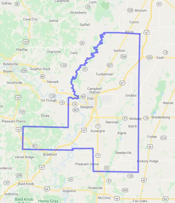 County level USDA loan eligibility boundaries for Jackson, Arkansas
