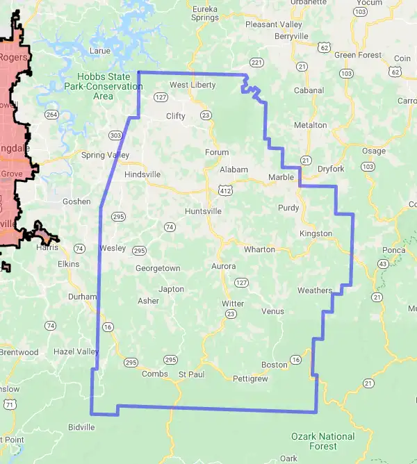 County level USDA loan eligibility boundaries for Madison, Arkansas