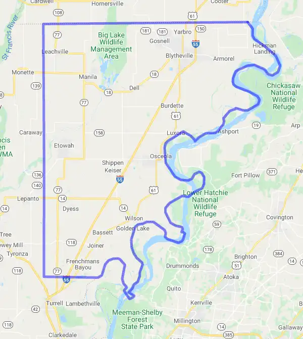 County level USDA loan eligibility boundaries for Mississippi, Arkansas