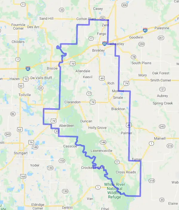 County level USDA loan eligibility boundaries for Monroe, AR