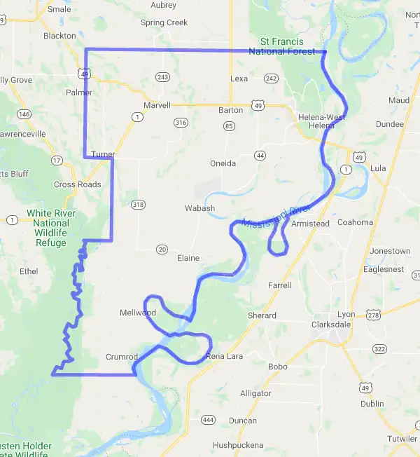 County level USDA loan eligibility boundaries for Phillips, Arkansas