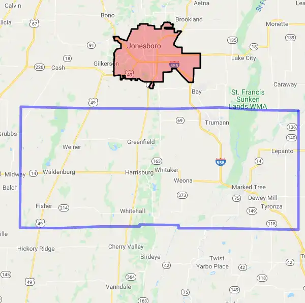 County level USDA loan eligibility boundaries for Poinsett, Arkansas