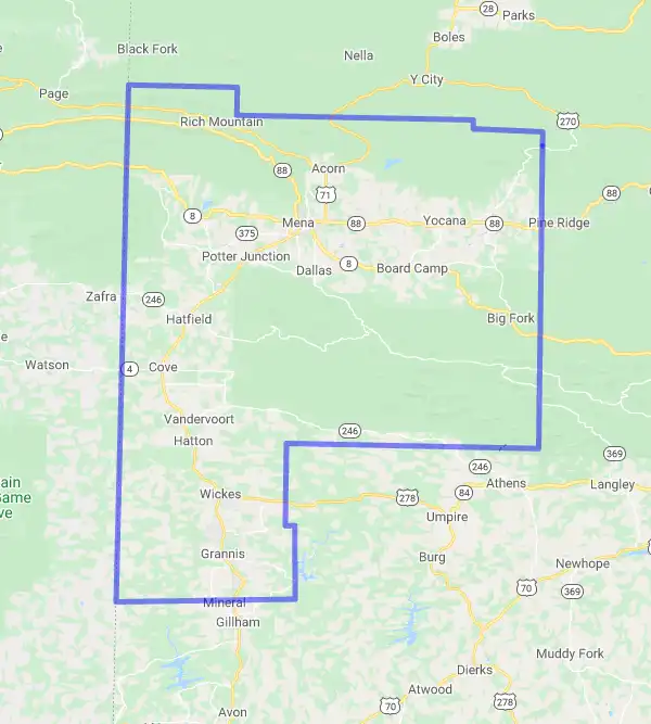 County level USDA loan eligibility boundaries for Polk, Arkansas
