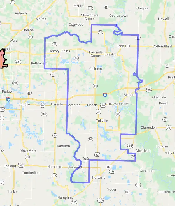 County level USDA loan eligibility boundaries for Prairie, Arkansas