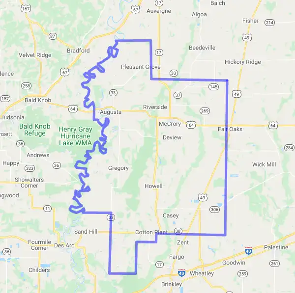 County level USDA loan eligibility boundaries for Woodruff, Arkansas