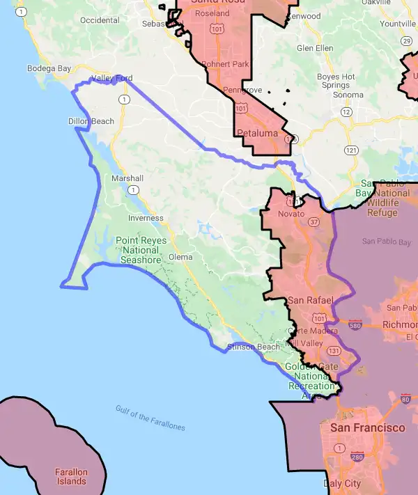 County level USDA loan eligibility boundaries for Marin, California