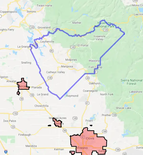 County level USDA loan eligibility boundaries for Mariposa, CA