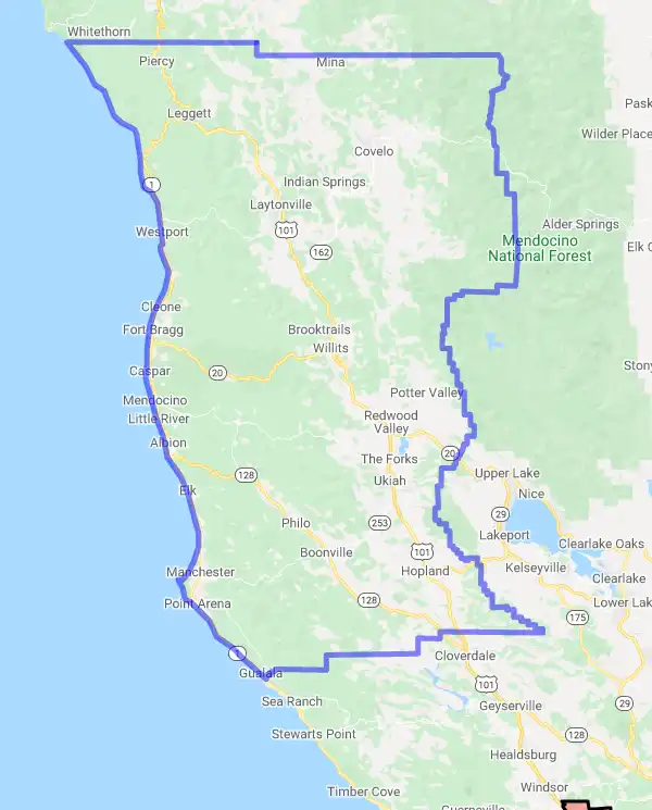 County level USDA loan eligibility boundaries for Mendocino, CA