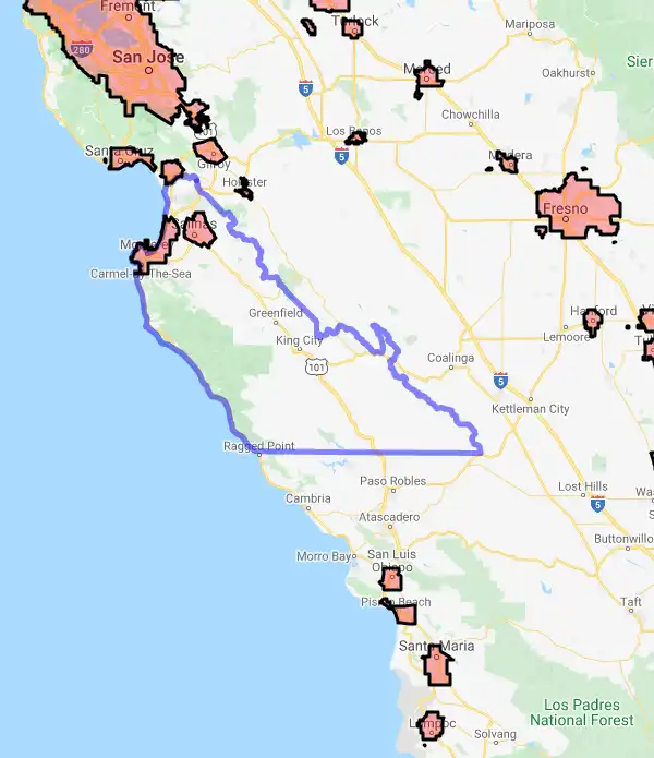County level USDA loan eligibility boundaries for Monterey, California