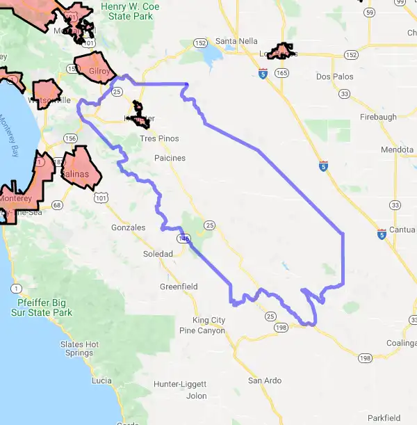County level USDA loan eligibility boundaries for San Benito, California