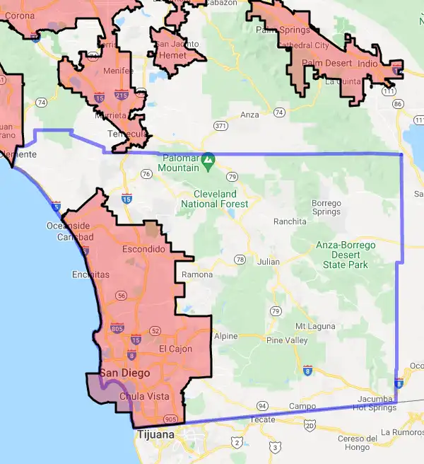 County level USDA loan eligibility boundaries for San Diego, California