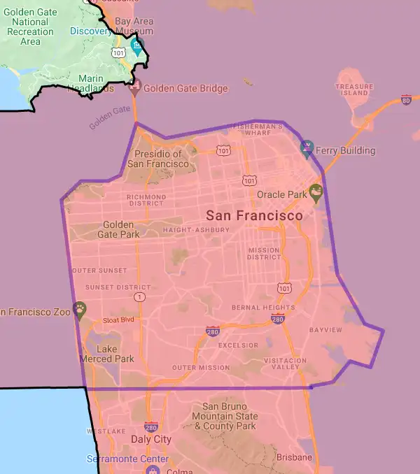 County level USDA loan eligibility boundaries for San Francisco, California