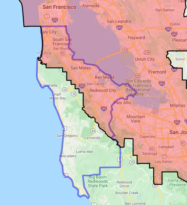 County level USDA loan eligibility boundaries for San Mateo, California