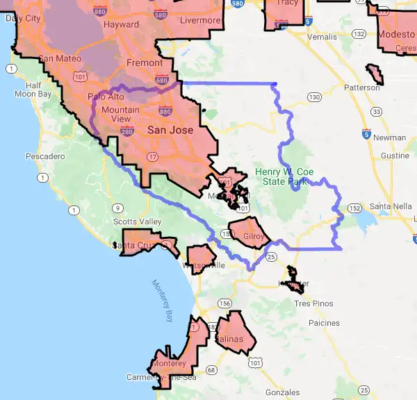 County level USDA loan eligibility boundaries for Santa Clara, CA