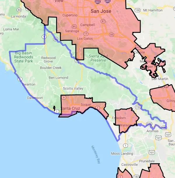 County level USDA loan eligibility boundaries for Santa Cruz, California