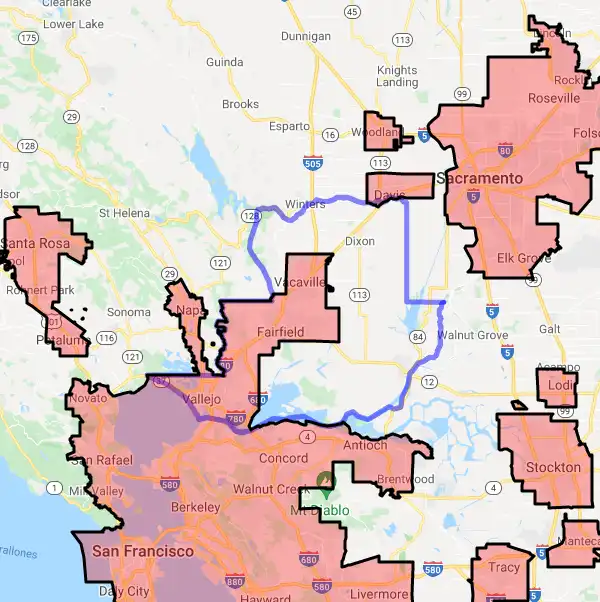 County level USDA loan eligibility boundaries for Solano, CA
