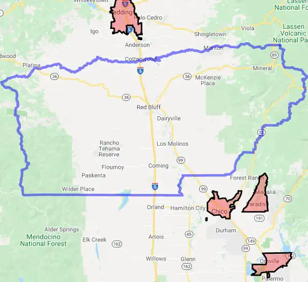 County level USDA loan eligibility boundaries for Tehama, CA