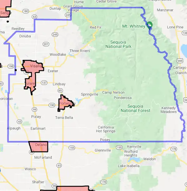 County level USDA loan eligibility boundaries for Tulare, California