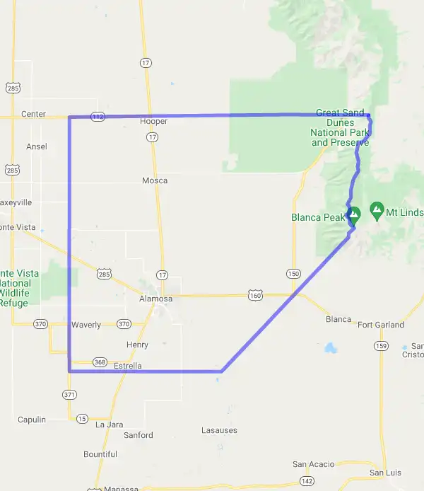 County level USDA loan eligibility boundaries for Alamosa, Colorado