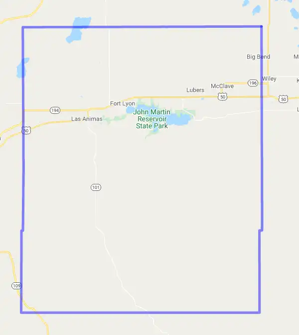 County level USDA loan eligibility boundaries for Bent, Colorado