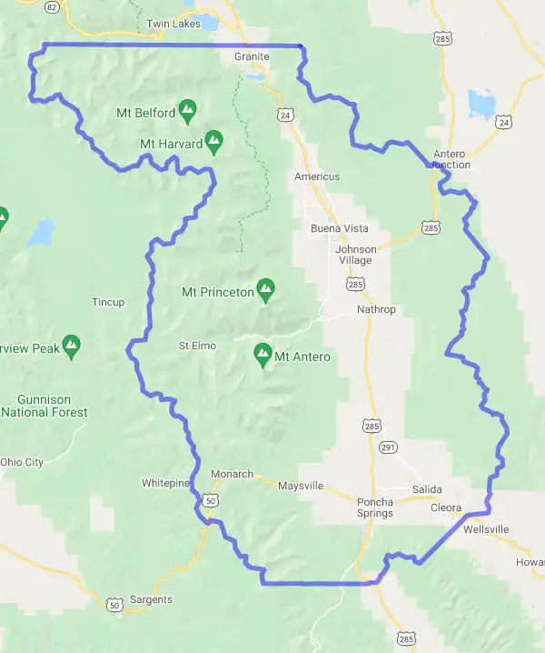 County level USDA loan eligibility boundaries for Chaffee, Colorado