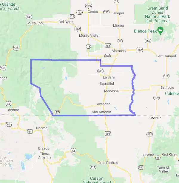 County level USDA loan eligibility boundaries for Conejos, Colorado