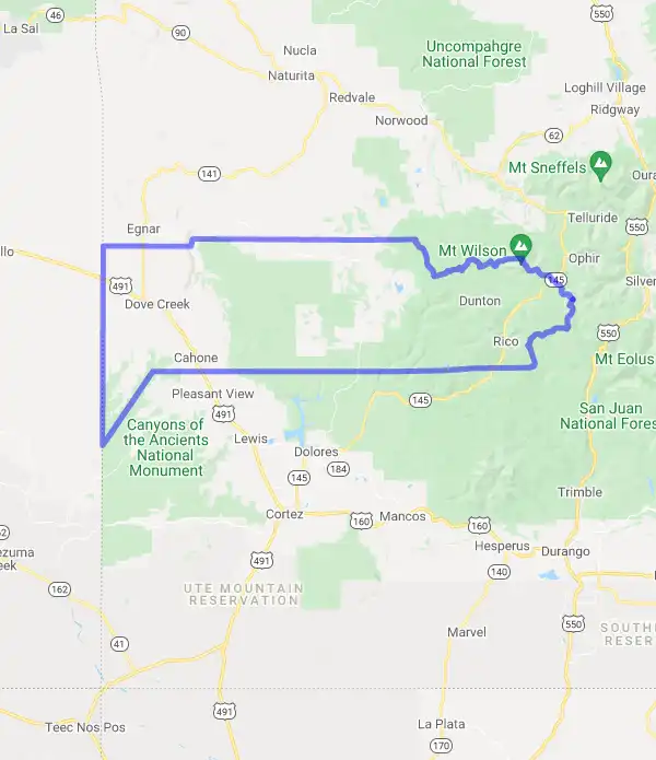 County level USDA loan eligibility boundaries for Dolores, Colorado