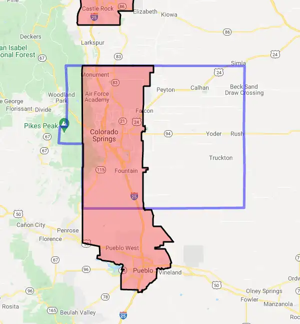 County level USDA loan eligibility boundaries for El Paso, Colorado