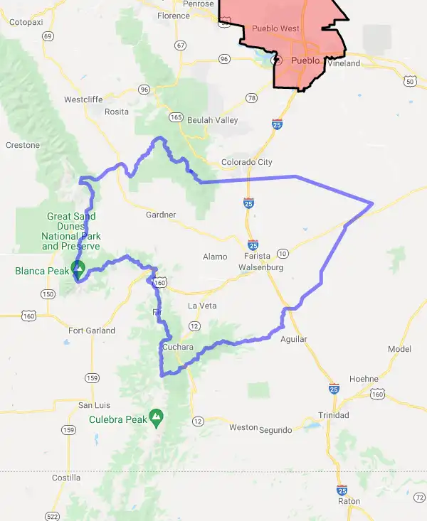 County level USDA loan eligibility boundaries for Huerfano, Colorado