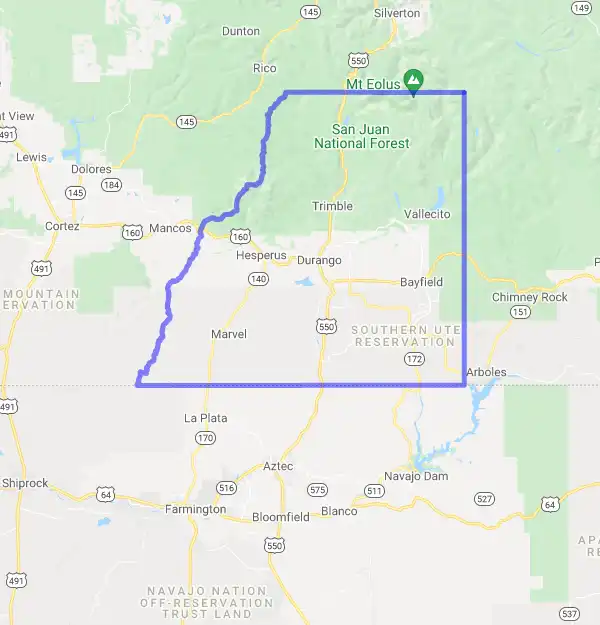 County level USDA loan eligibility boundaries for La Plata, Colorado