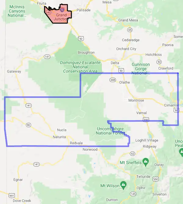 County level USDA loan eligibility boundaries for Montrose, Colorado