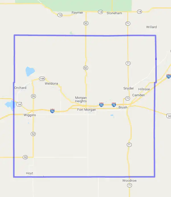County level USDA loan eligibility boundaries for Morgan, CO