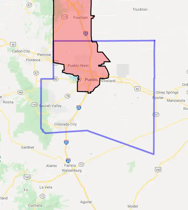 County level USDA loan eligibility boundaries for Pueblo, Colorado