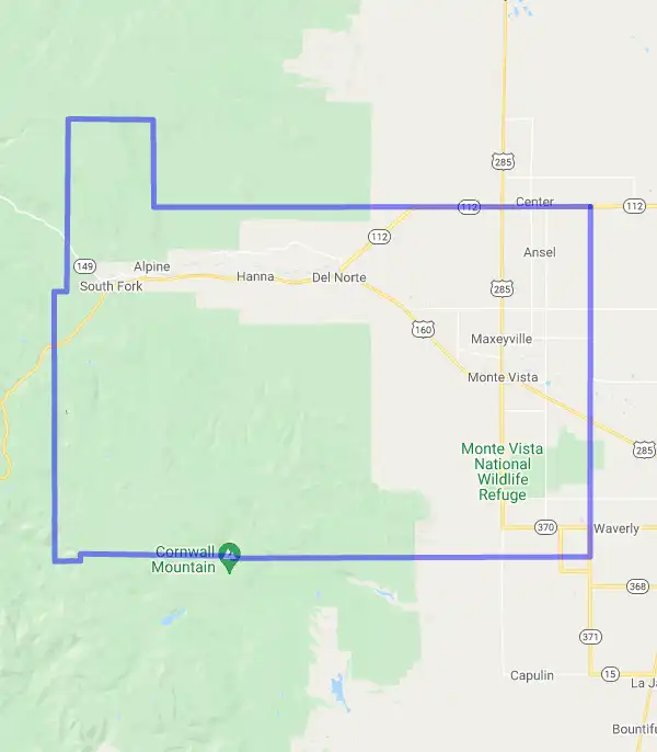 County level USDA loan eligibility boundaries for Rio Grande, CO
