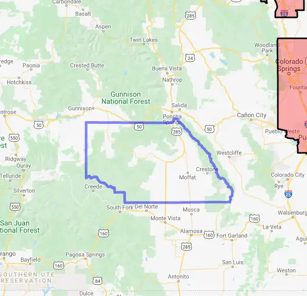 County level USDA loan eligibility boundaries for Saguache, CO