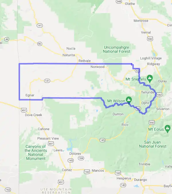 County level USDA loan eligibility boundaries for San Miguel, Colorado